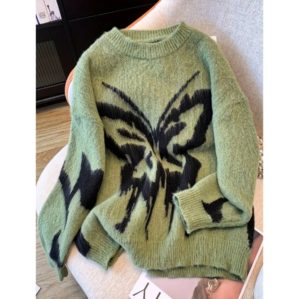 Elegant Butterfly Knit Sweater - Cozy & Chic Crew Neck Pullover